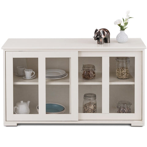 Modern White Wood Buffet Sideboard Cabinet with Glass Sliding Door