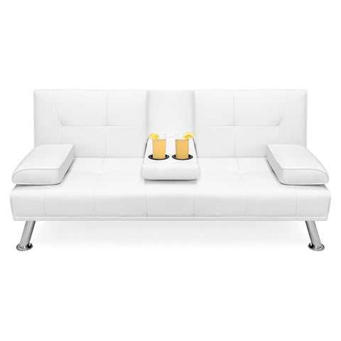 White Faux Leather Convertible Sofa Futon with 2 Cup Holders