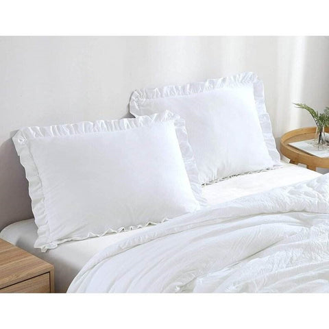 King Size White Ruffled Edge Microfiber Comforter Set