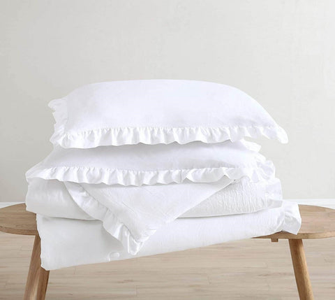 King Size White Ruffled Edge Microfiber Comforter Set