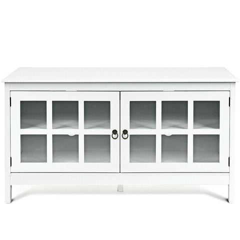 White Wood Entertainment Center TV Stand with Glass Panel Doors