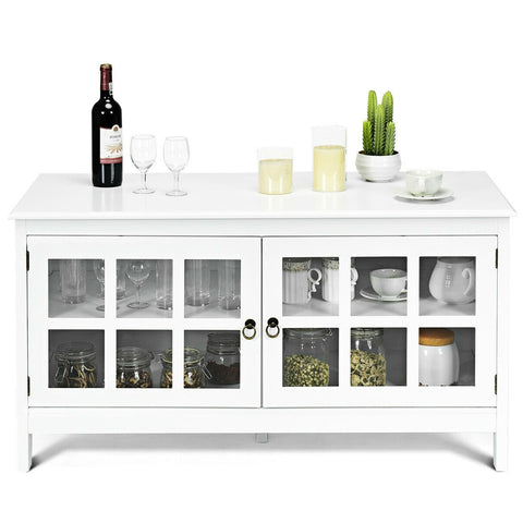 White Wood Entertainment Center TV Stand with Glass Panel Doors