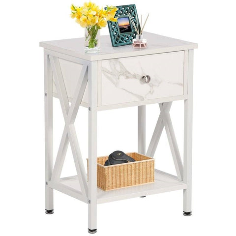 Set of 2 - Rustic Farmhouse 1-Drawer Nightstand Bedside Table in White