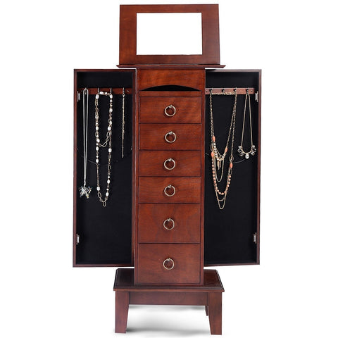 Medium Brown Wood Jewlery Armoire Storage Chest Cabinet with Mirror