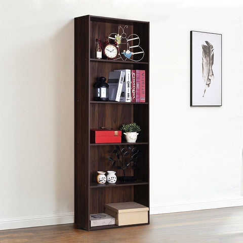 Modern 5-Tier Bookcase Storage Shelf in Brown Walnut Wood Finish