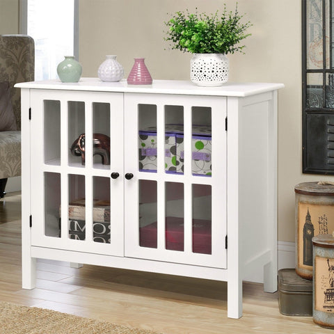 White Wood Sideboard Buffet Cabinet with Glass Panel Doors