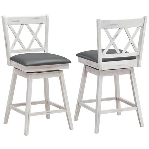 Set of 2 White Wood 24-in Counter Height Farmhouse Swivel Cushion Seat Barstools