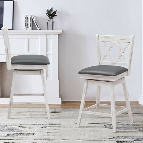 Set of 2 White Wood 24-in Counter Height Farmhouse Swivel Cushion Seat Barstools