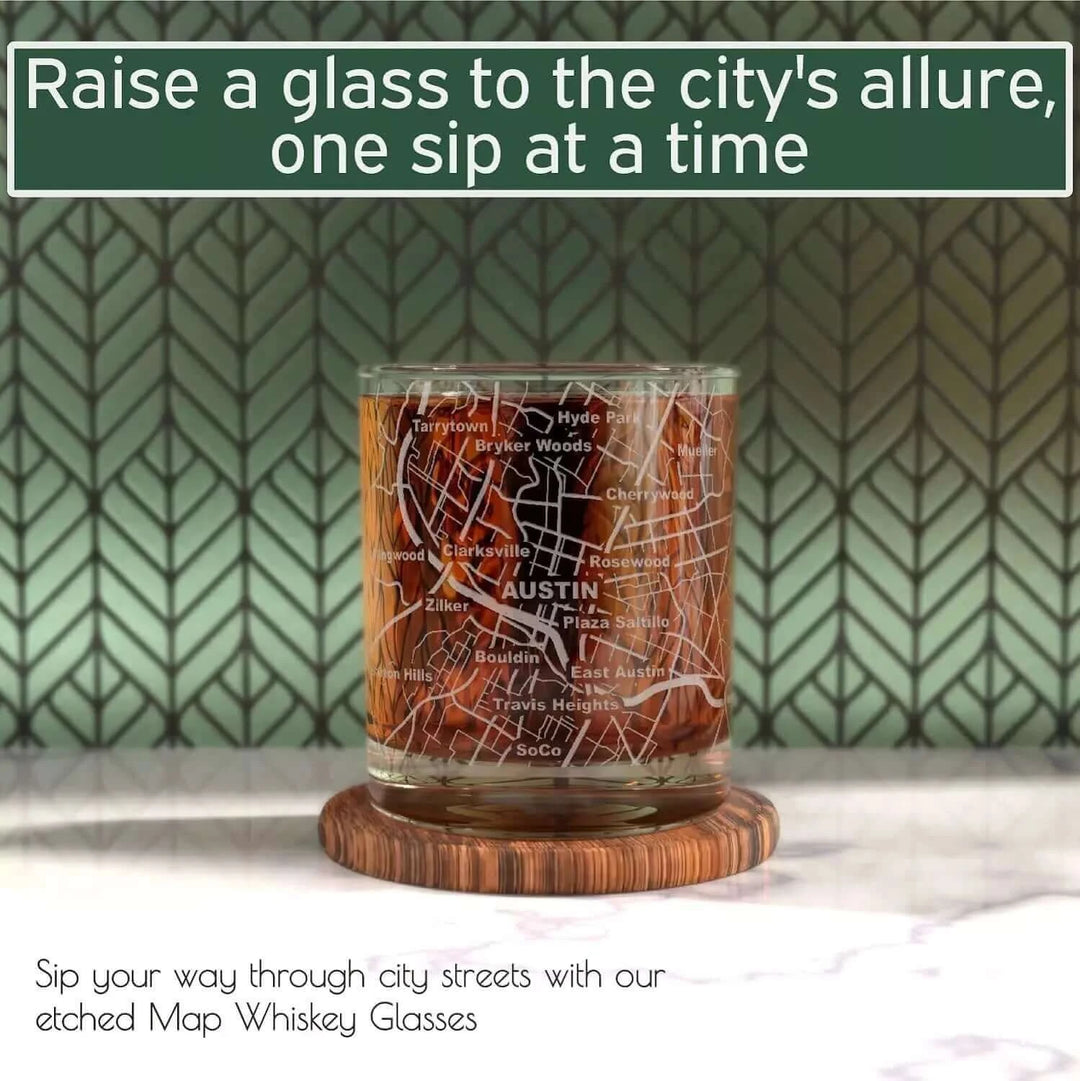 Whiskey Glass - 10 Oz Tumbler for Austin Lovers Etched with Austin Map