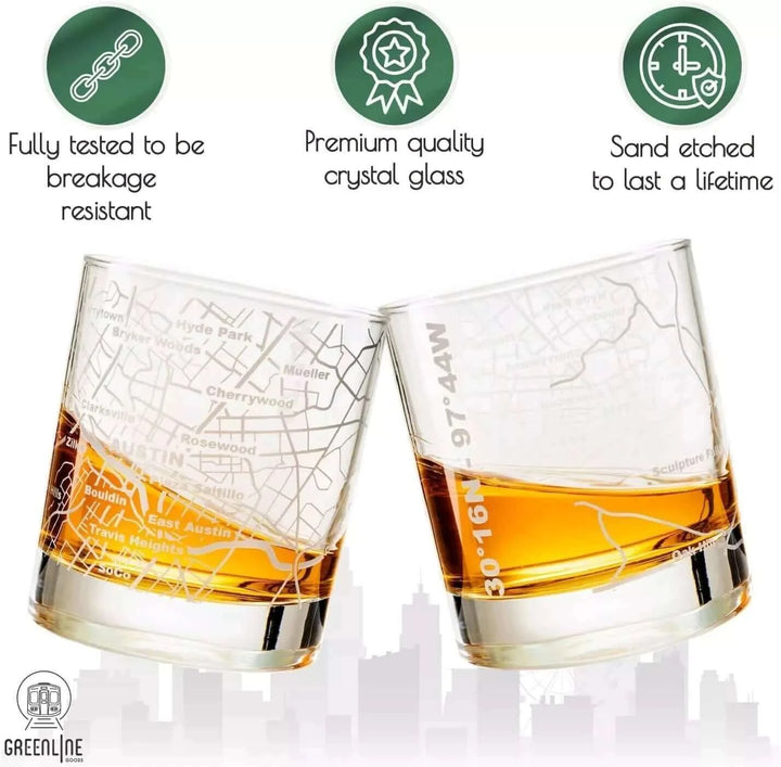 Whiskey Glass - 10 Oz Tumbler for Austin Lovers Etched with Austin Map