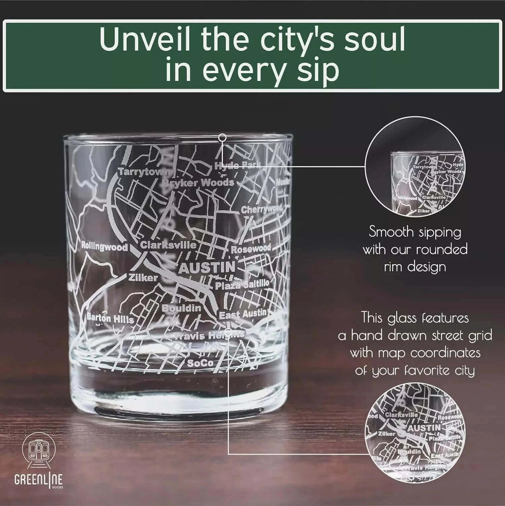 Whiskey Glass - 10 Oz Tumbler for Austin Lovers Etched with Austin Map