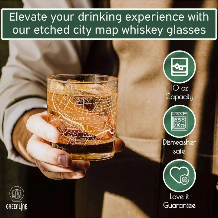 Whiskey Glass - 10 Oz Tumbler for Austin Lovers Etched with Austin Map