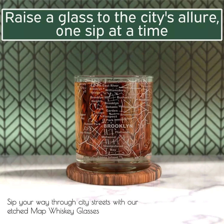 Whiskey Glass - 10 Oz Tumbler for Brooklyn Lovers Etched with Brooklyn Map