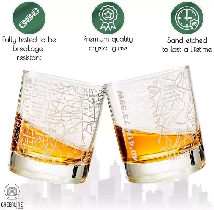 Whiskey Glass - 10 Oz Tumbler for Brooklyn Lovers Etched with Brooklyn Map