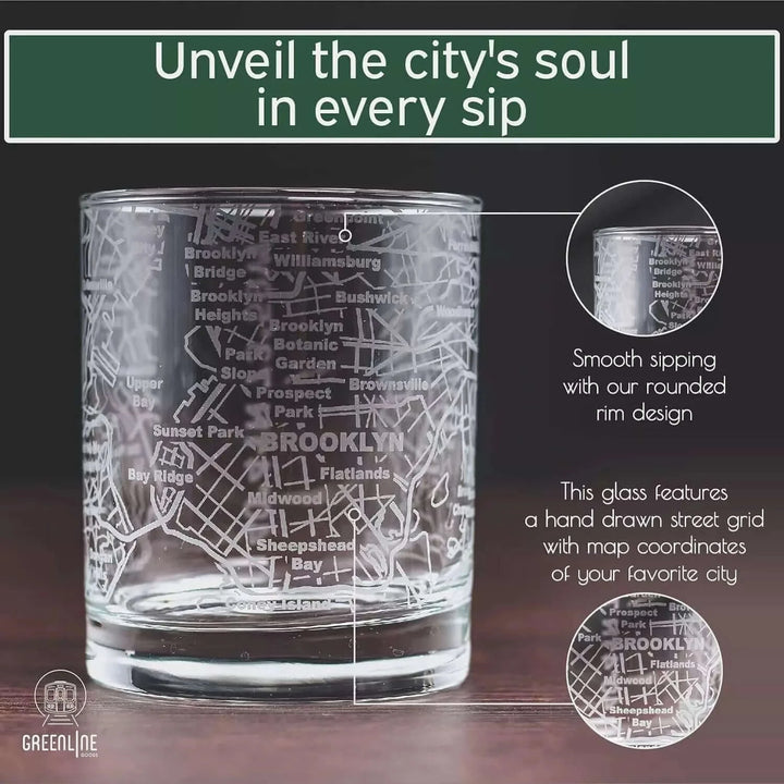 Whiskey Glass - 10 Oz Tumbler for Brooklyn Lovers Etched with Brooklyn Map