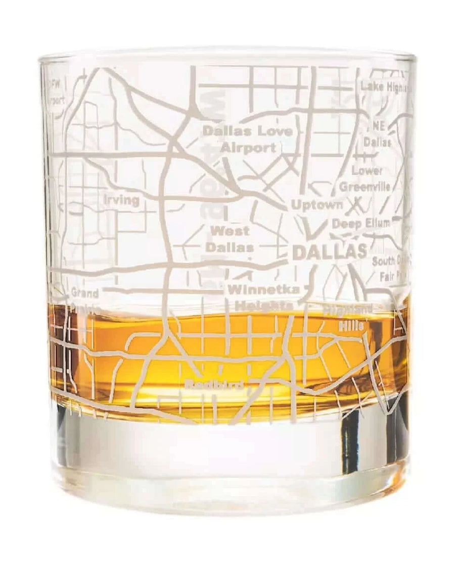 Whiskey Glass - 10 Oz Tumbler for Dallas Lovers Etched with Dallas Map