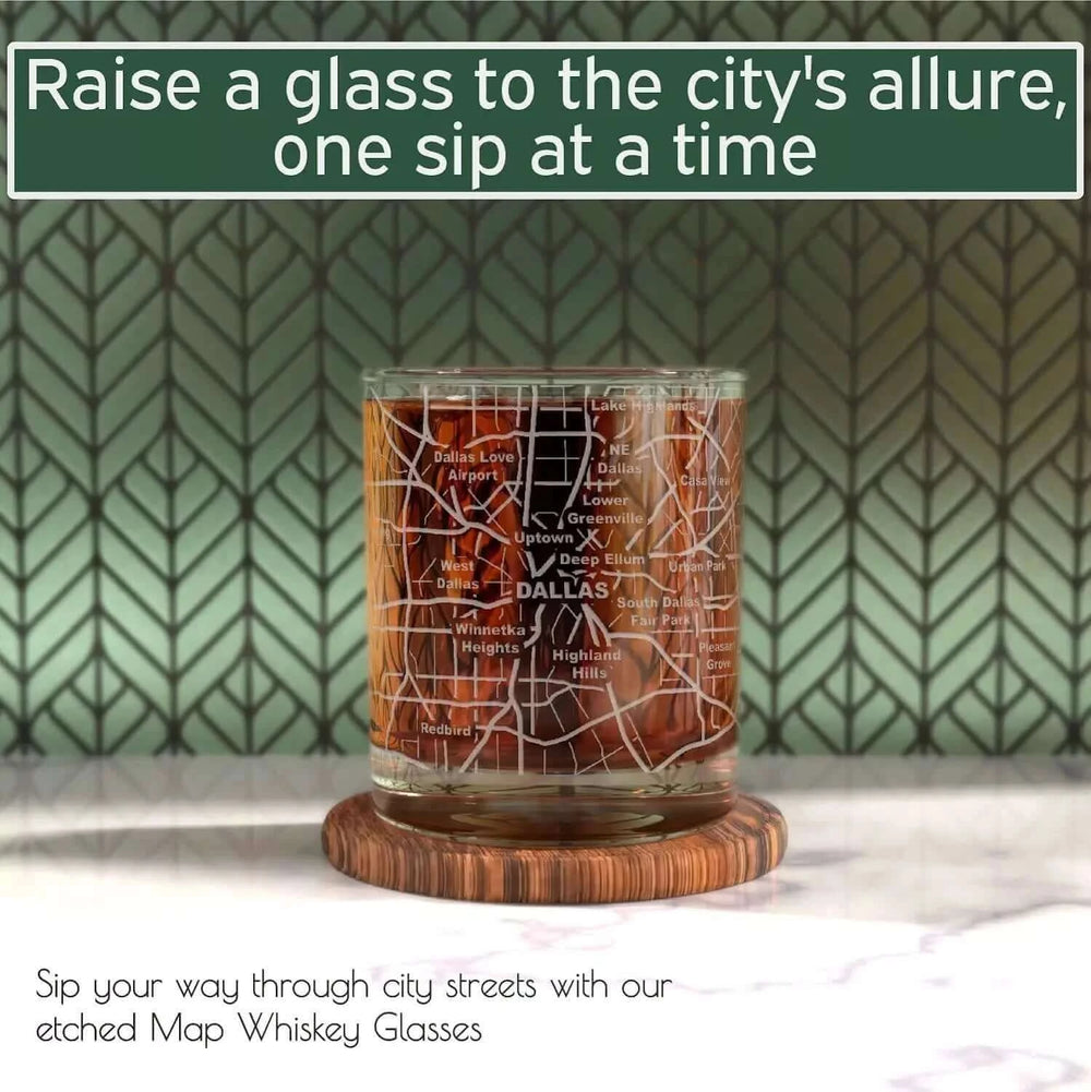 Whiskey Glass - 10 Oz Tumbler for Dallas Lovers Etched with Dallas Map