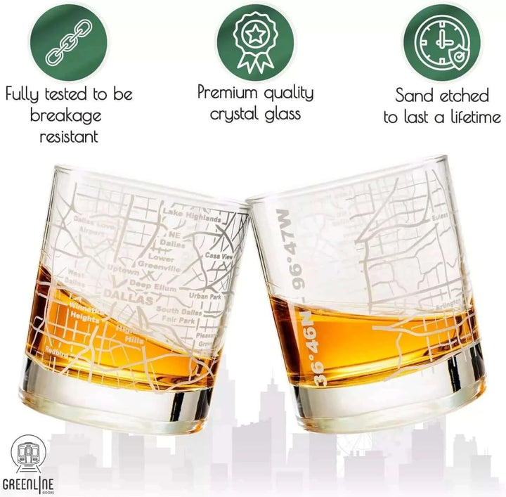 Whiskey Glass - 10 Oz Tumbler for Dallas Lovers Etched with Dallas Map