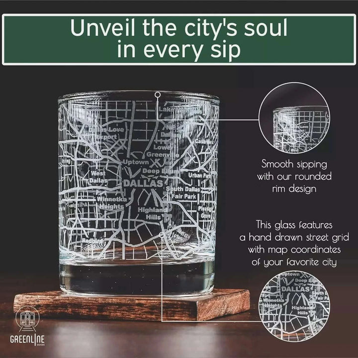 Whiskey Glass - 10 Oz Tumbler for Dallas Lovers Etched with Dallas Map