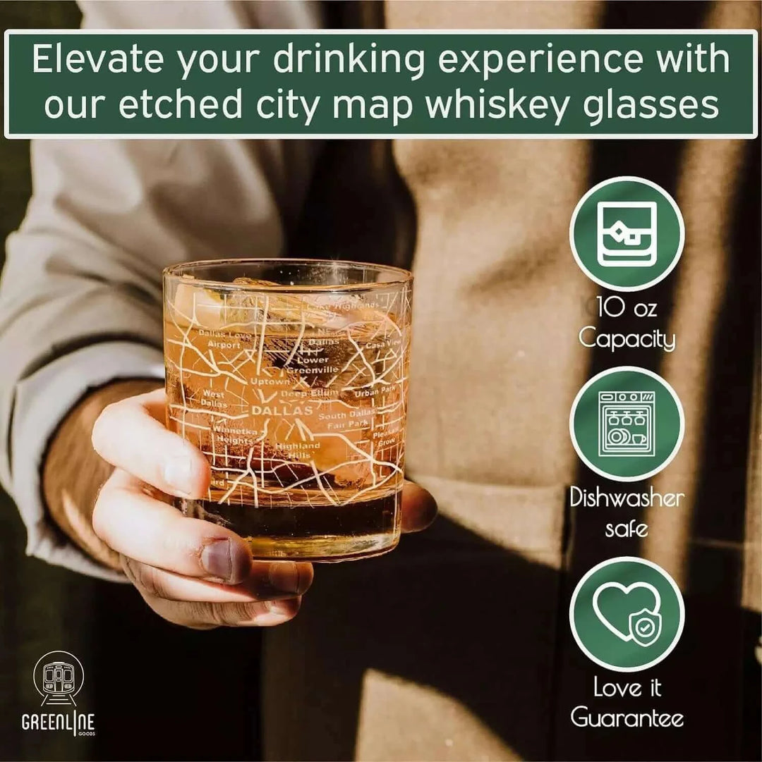 Whiskey Glass - 10 Oz Tumbler for Dallas Lovers Etched with Dallas Map