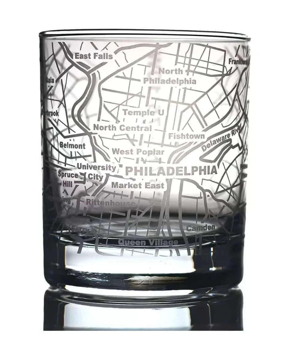 Whiskey Glass for Philadelphia Lovers Etched with Philadelphia Map