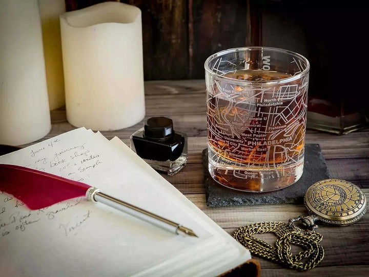 Whiskey Glass for Philadelphia Lovers Etched with Philadelphia Map