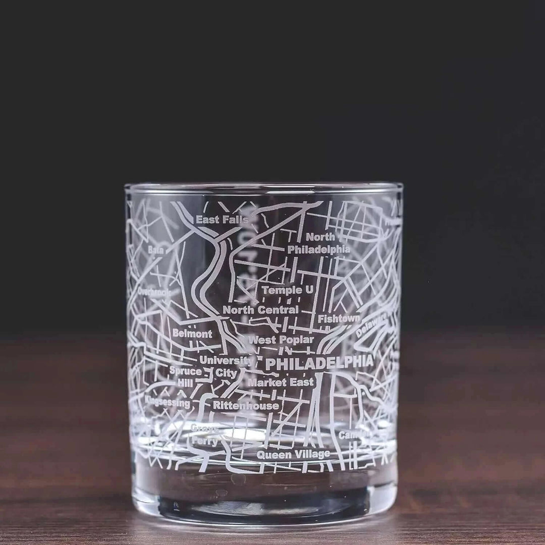 Whiskey Glass for Philadelphia Lovers Etched with Philadelphia Map