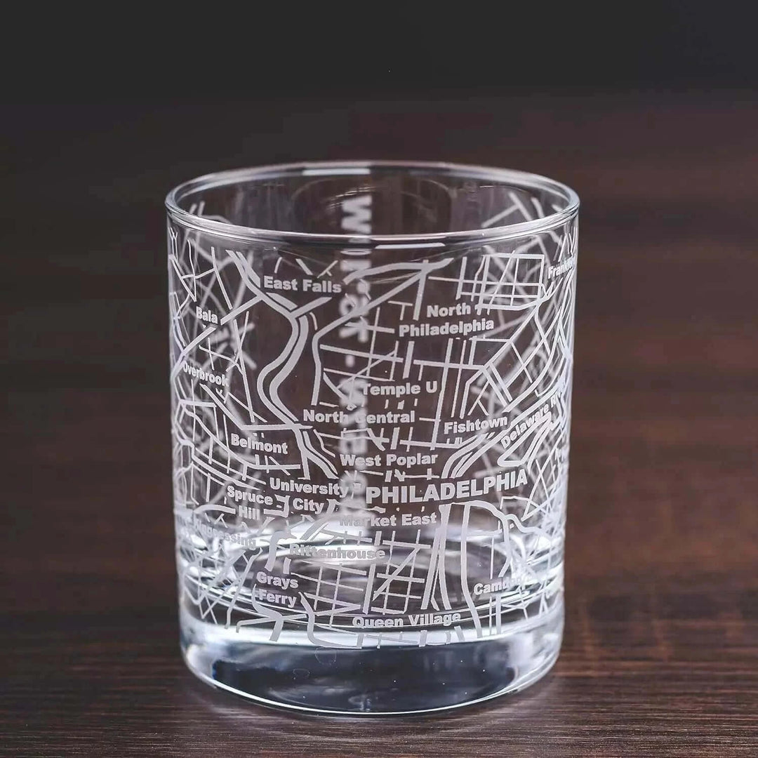 Whiskey Glass for Philadelphia Lovers Etched with Philadelphia Map