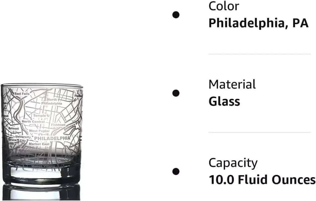 Whiskey Glass for Philadelphia Lovers Etched with Philadelphia Map