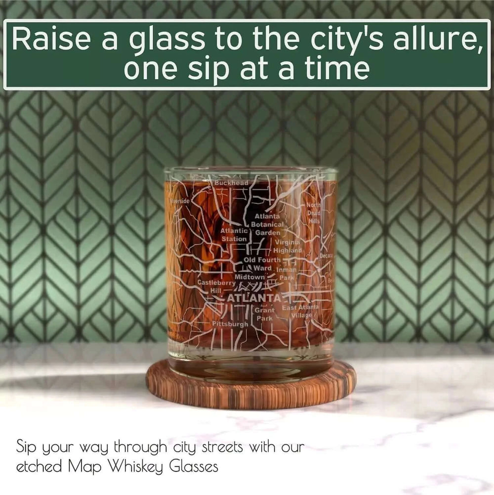 Whiskey Glass - 10 Oz Tumbler for Atlanta Lovers Etched with Atlanta Map