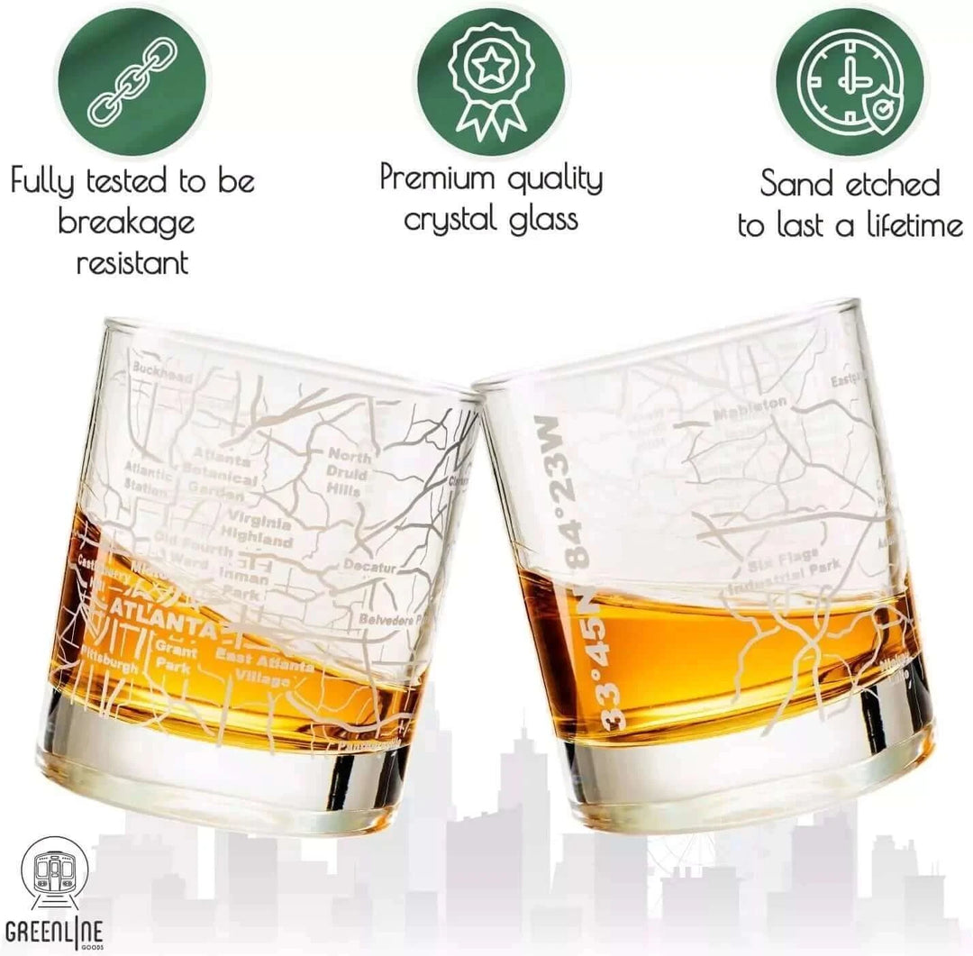 Whiskey Glass - 10 Oz Tumbler for Atlanta Lovers Etched with Atlanta Map