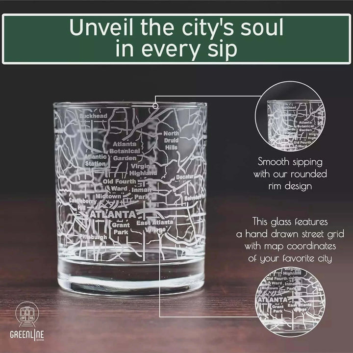 Whiskey Glass - 10 Oz Tumbler for Atlanta Lovers Etched with Atlanta Map