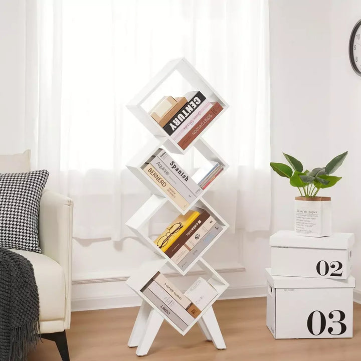 White Bookshelf, Small Wooden Bookcase, 4-Tier Book Shelf