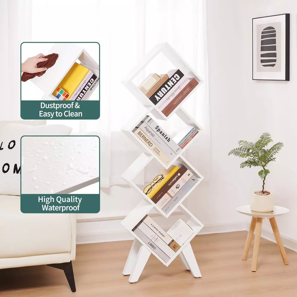 White Bookshelf, Small Wooden Bookcase, 4-Tier Book Shelf