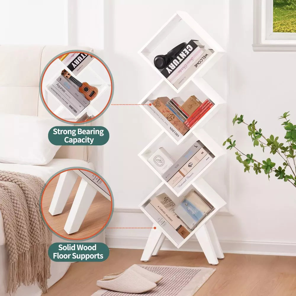 White Bookshelf, Small Wooden Bookcase, 4-Tier Book Shelf