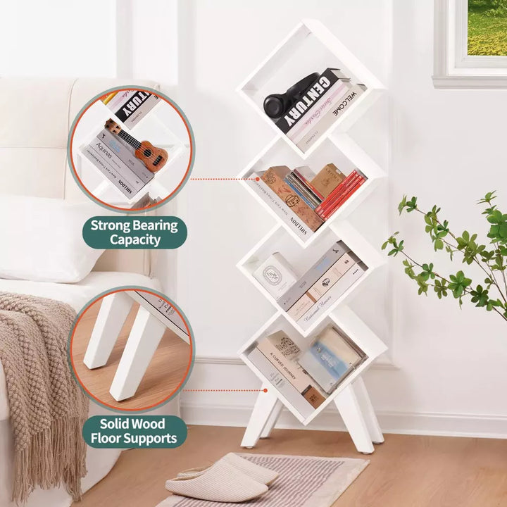 White Bookshelf, Small Wooden Bookcase, 4-Tier Book Shelf