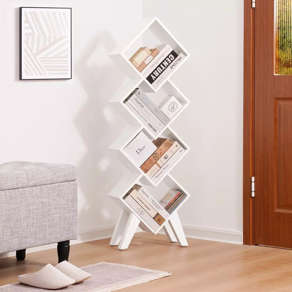 White Bookshelf, Small Wooden Bookcase, 4-Tier Book Shelf