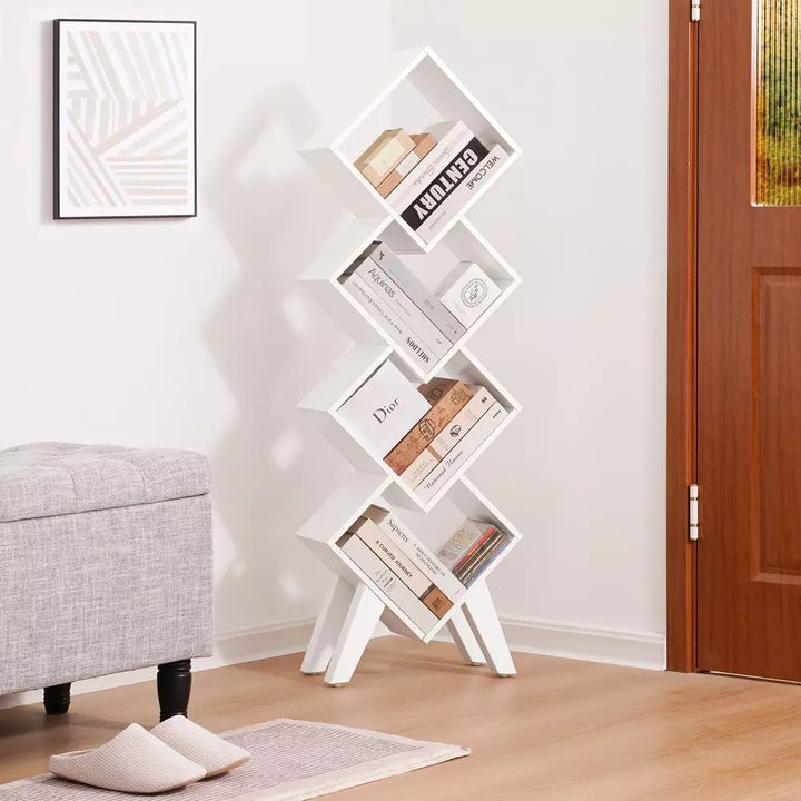 White Bookshelf, Small Wooden Bookcase, 4-Tier Book Shelf