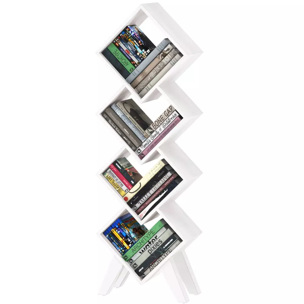 White Bookshelf, Small Wooden Bookcase, 4-Tier Book Shelf