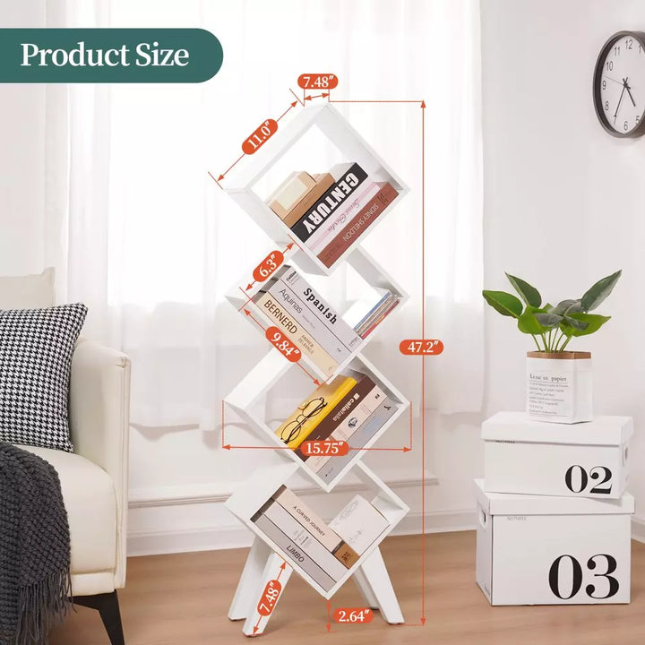 White Bookshelf, Small Wooden Bookcase, 4-Tier Book Shelf