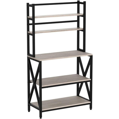 Modern Black Metal Grey Wood Bakers Rack Microwave Stand Kitchen Shelving Unit