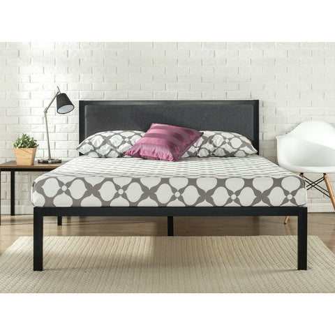 Full size Metal Platform Bed Frame with Wood Slats and Upholstered Headboard