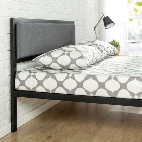 Full size Metal Platform Bed Frame with Wood Slats and Upholstered Headboard