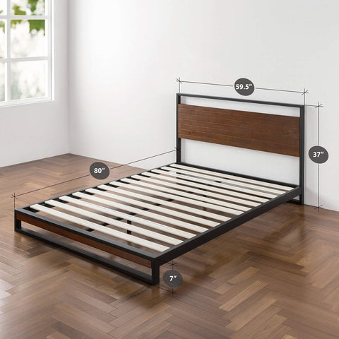 Queen size Metal Wood Platform Bed Frame with Headboard