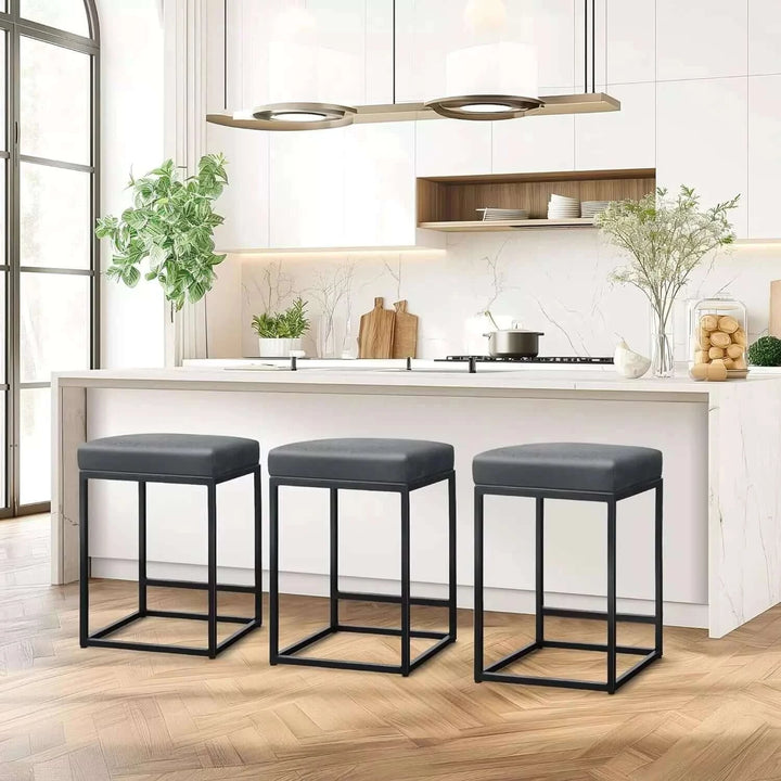 Set of 3 Bar Stools for Kitchen, 24" Backless Modern Square Bar Stools