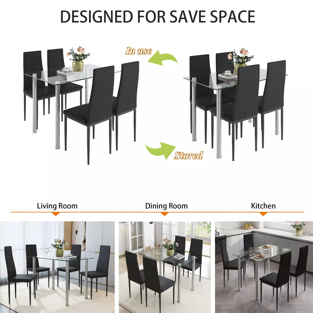 Black Kitchen Table Set, 5 Pieces Dining Table Set, Tempered Glass