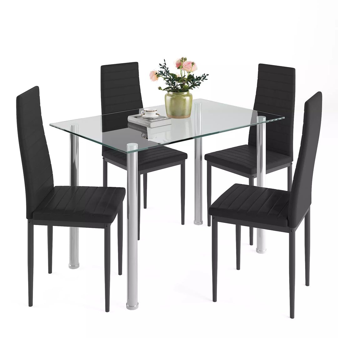 Black Kitchen Table Set, 5 Pieces Dining Table Set, Tempered Glass