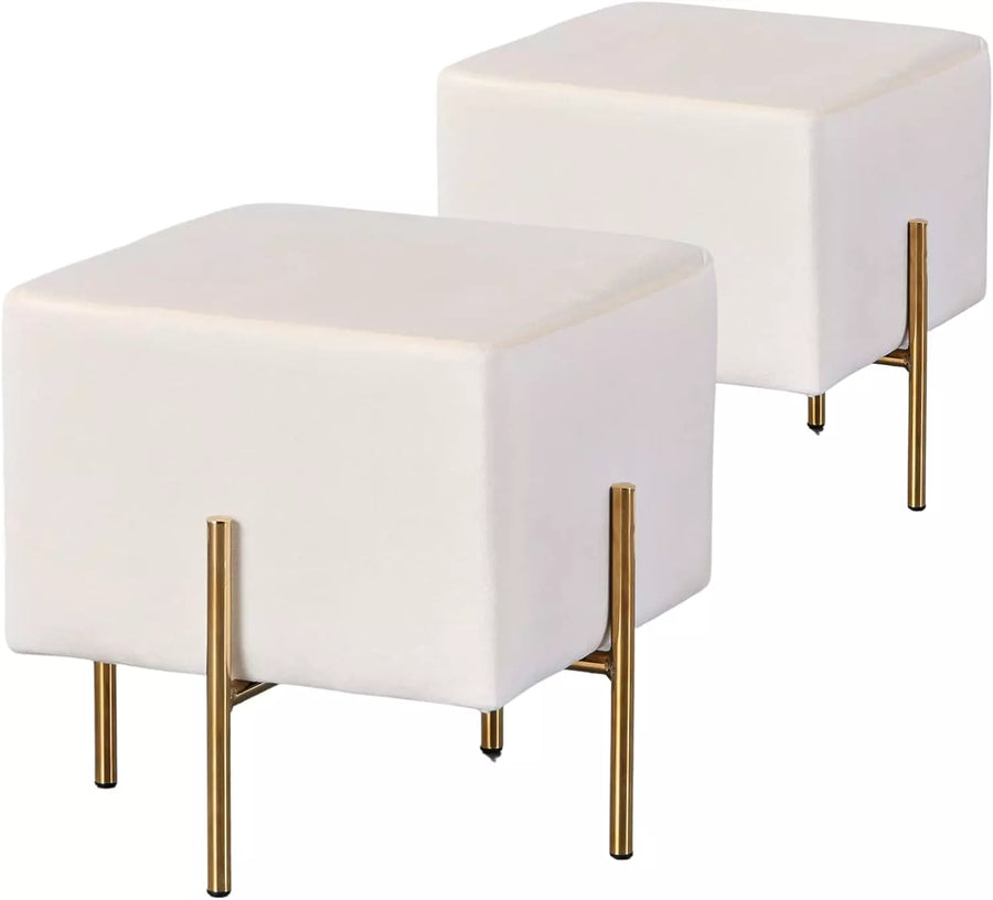 Set of 2 Velvet Ottoman Stool, Modern Gold Vanity Stool Square, Cream