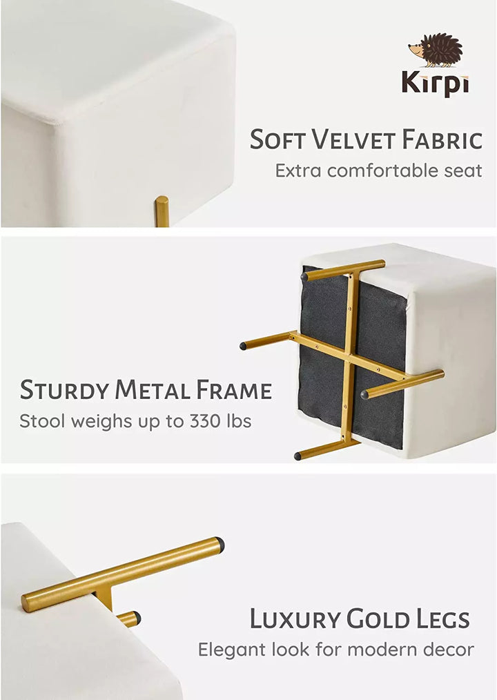 Set of 2 Velvet Ottoman Stool, Modern Gold Vanity Stool Square, Cream