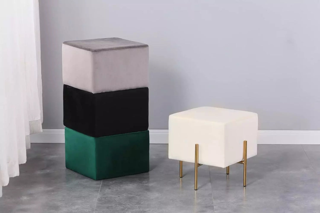 Set of 2 Velvet Ottoman Stool, Modern Gold Vanity Stool Square, Cream